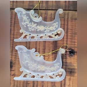 Vintage glass Christmas ornaments lot of two Santa Sled sleigh gold string To Ha